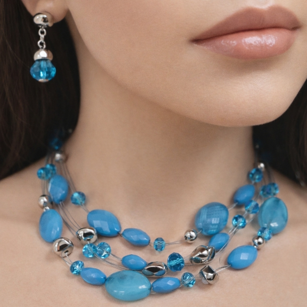 Elegant Silver tone Illusion Blue Beaded Necklace & Earring Set, Women's Jewelry